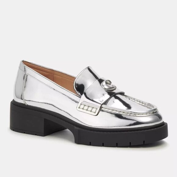 $260 COACH Leah Loafer SLIP ON Silver Metallic BLACK LEATHER PLATFORM 9.5 (MG2) - Picture 1 of 7
